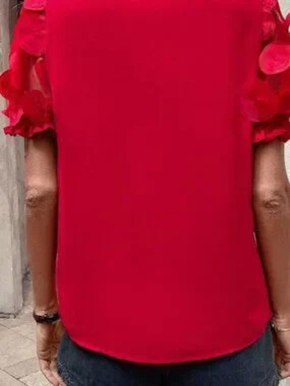 ZARA Red Casual Women's Short Sleeve Floral Embroidery Shirt
